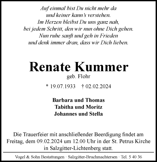 Traueranzeige von Renate Kummer von Salzgitter-Zeitung