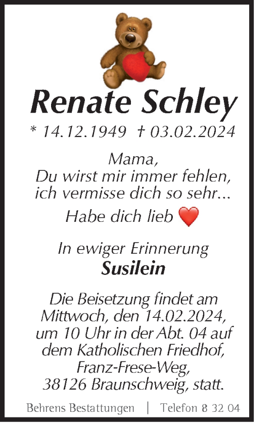 Traueranzeige von Renate Schley von Neue Braunschweiger am Samstag
