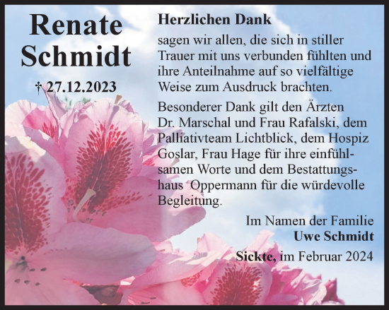 Traueranzeige von Renate Schmidt von Braunschweiger Zeitung