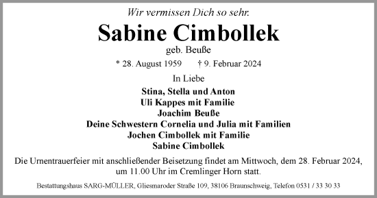 Traueranzeige von Sabine Cimbollek von Braunschweiger Zeitung