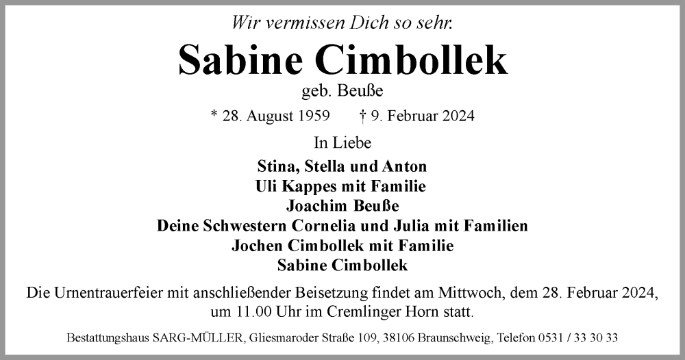  Traueranzeige für Sabine Cimbollek vom 17.02.2024 aus Braunschweiger Zeitung