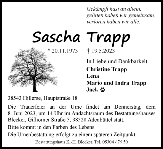 Traueranzeige von Sascha Trapp von Wolfsburger Nachrichten