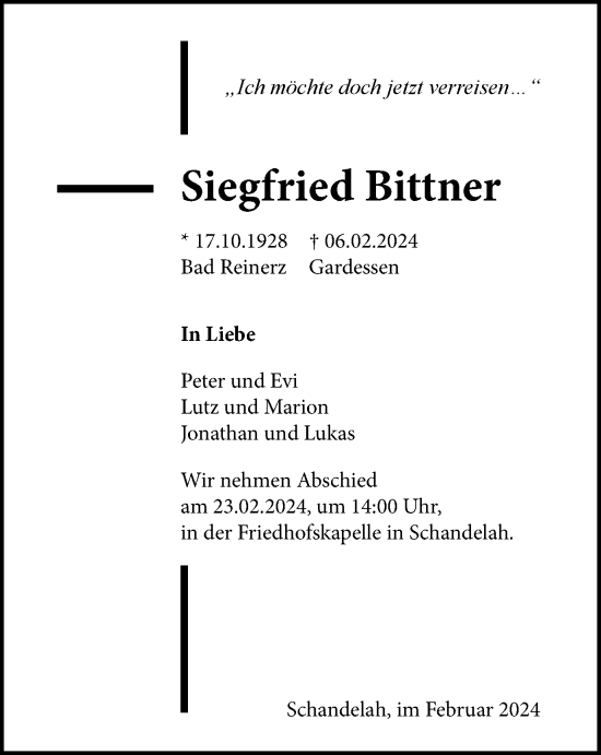Traueranzeige von Siegfried Bittner von Wolfenbütteler Zeitung