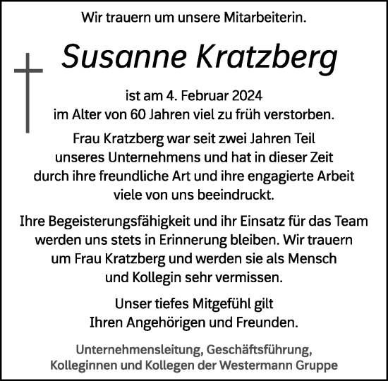 Traueranzeige von Susanne Kratzberg von Braunschweiger Zeitung