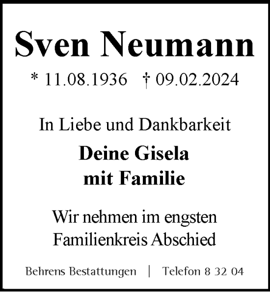 Traueranzeige von Sven Neumann von Neue Braunschweiger am Samstag