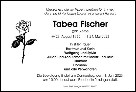 Traueranzeige von Tabea Fischer von Wolfsburger Nachrichten