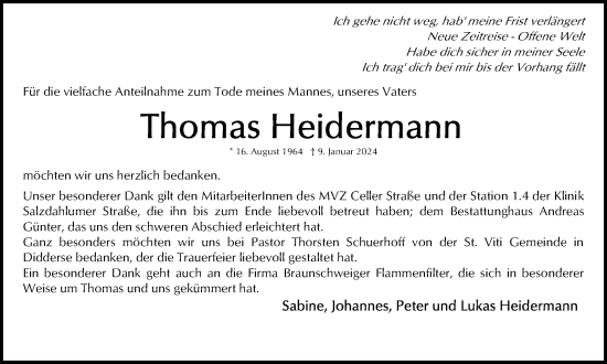 Traueranzeige von Thomas Heidermann von Braunschweiger Zeitung