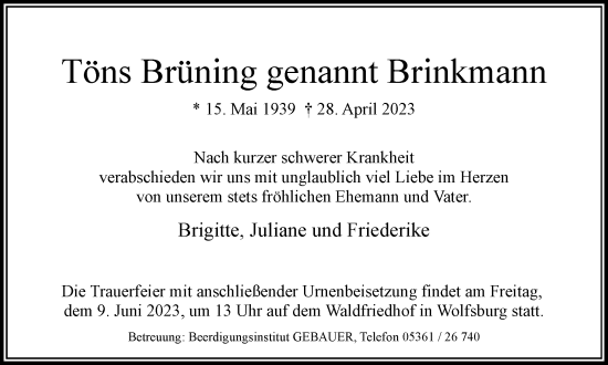 Traueranzeige von Töns Brüning von Wolfsburger Nachrichten