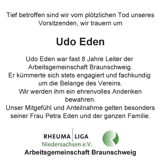 Traueranzeige von Udo Eden von Braunschweiger Zeitung