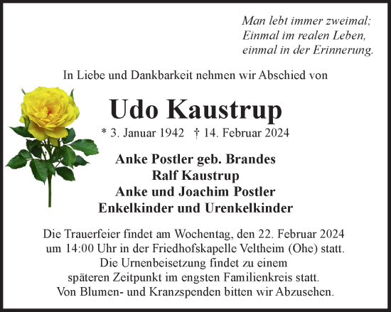 Traueranzeige von Udo Kaustrup von Wolfenbütteler Zeitung