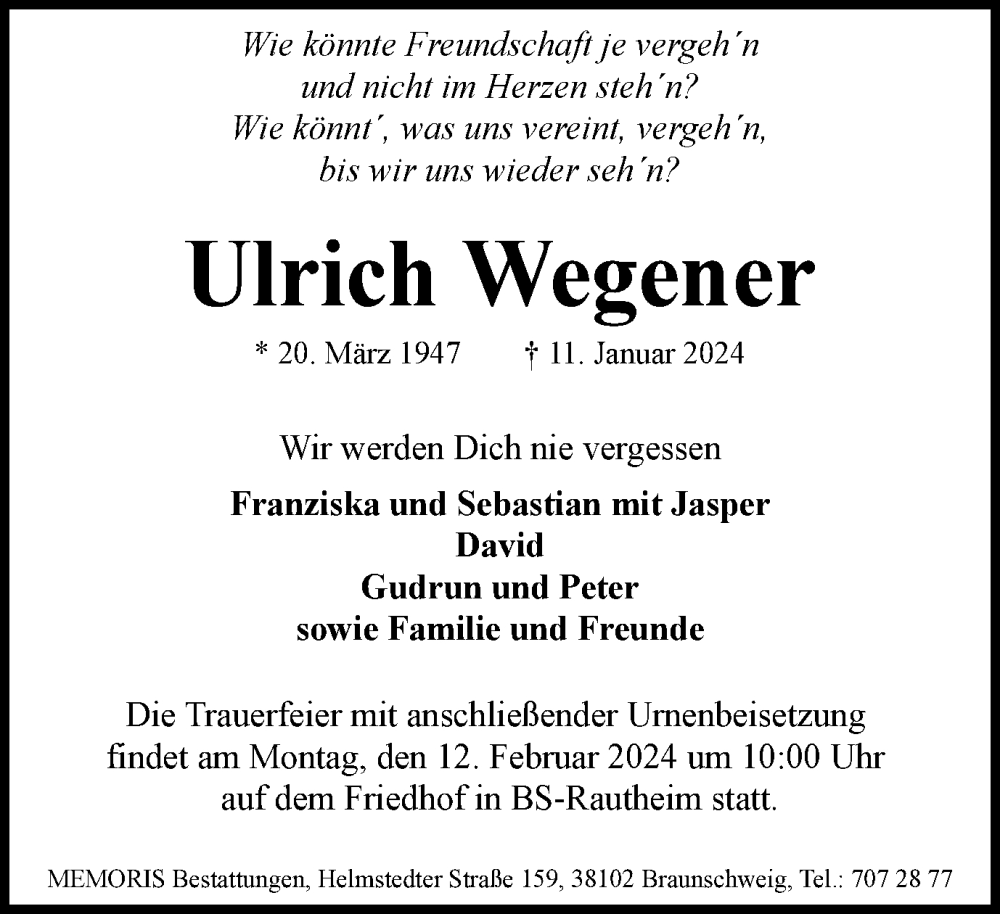  Traueranzeige für Ulrich Wegener vom 03.02.2024 aus Braunschweiger Zeitung