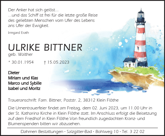 Traueranzeige von Ulrike Bittner von Salzgitter-Zeitung