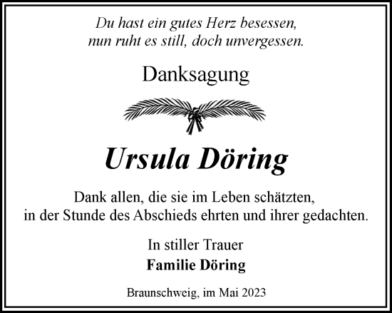 Traueranzeige von Ursula Döring von Braunschweiger Zeitung