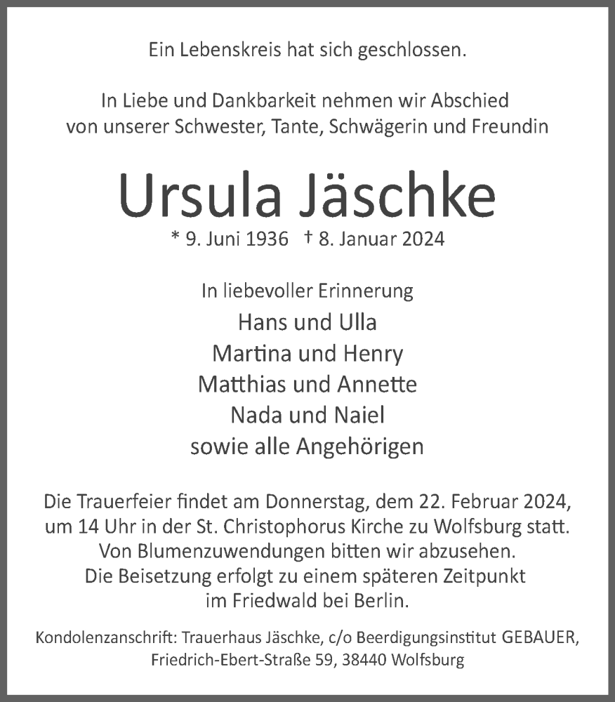  Traueranzeige für Ursula Jäschke vom 10.02.2024 aus Wolfsburger Nachrichten