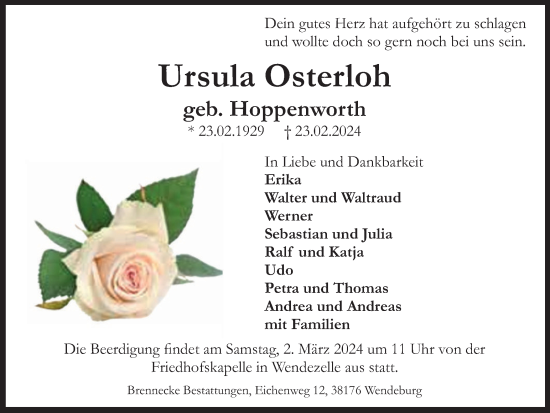 Traueranzeige von Ursula Osterloh von Braunschweiger Zeitung