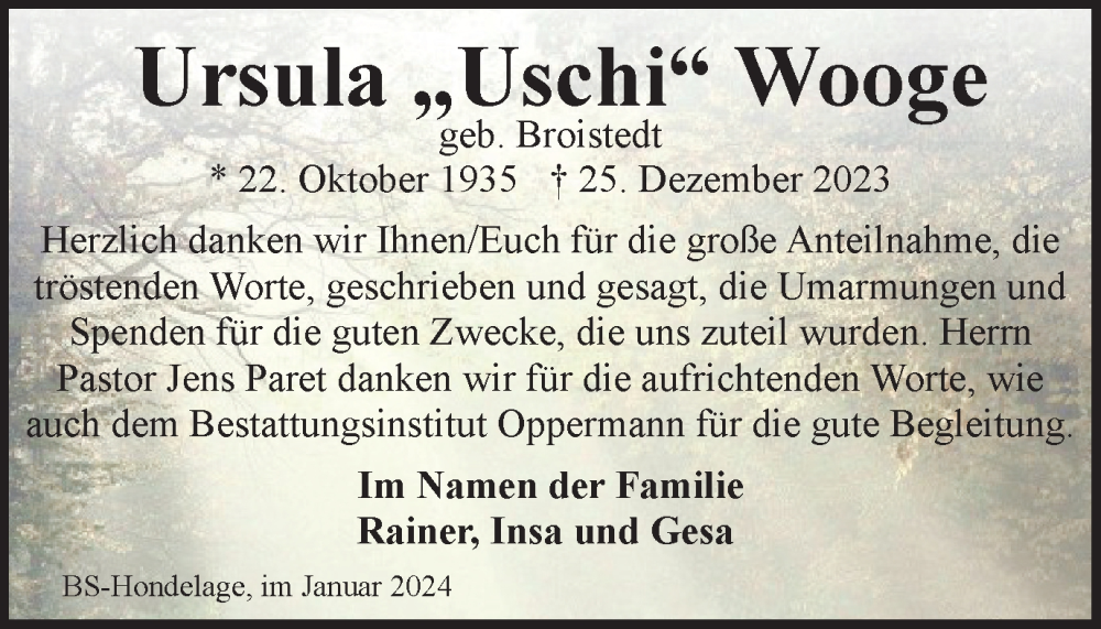  Traueranzeige für Ursula Wooge vom 10.02.2024 aus Braunschweiger Zeitung