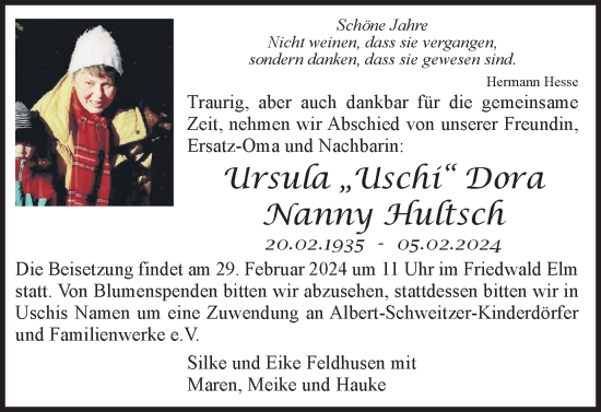Traueranzeige von Ursula Dora Nanny Hultsch von Braunschweiger Zeitung