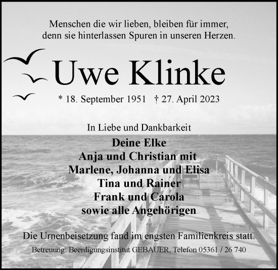 Traueranzeige von Uwe Klinke von Wolfsburger Nachrichten