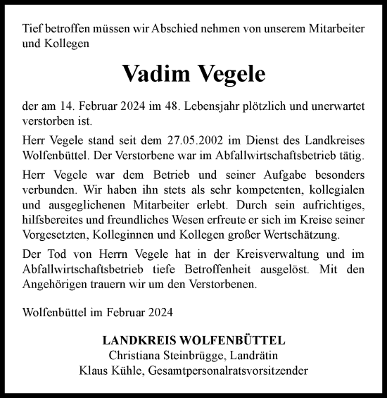 Traueranzeige von Vadim Vegele von Wolfenbütteler Zeitung