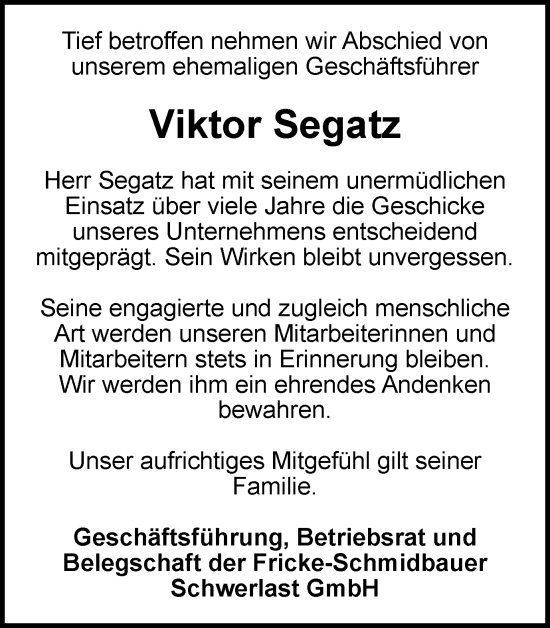 Traueranzeige von Viktor Segatz von Braunschweiger Zeitung