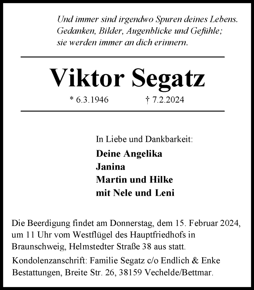  Traueranzeige für Viktor Segatz vom 10.02.2024 aus Braunschweiger Zeitung