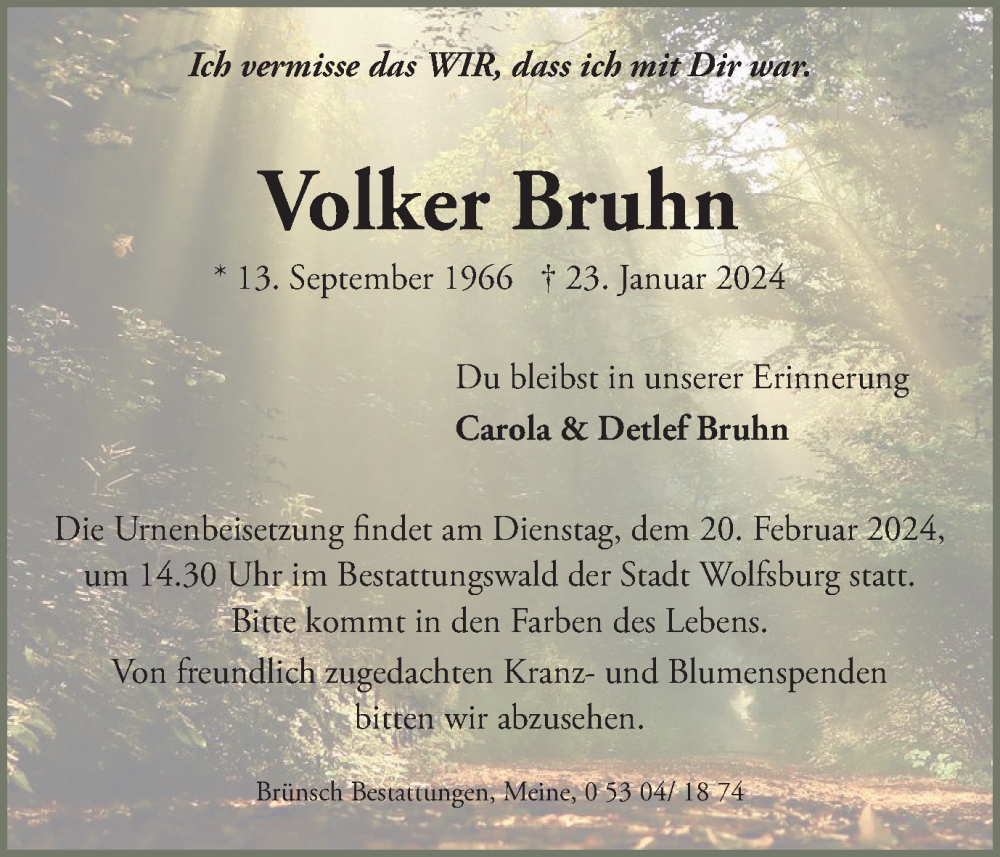  Traueranzeige für Volker Bruhn vom 10.02.2024 aus Wolfsburger Nachrichten
