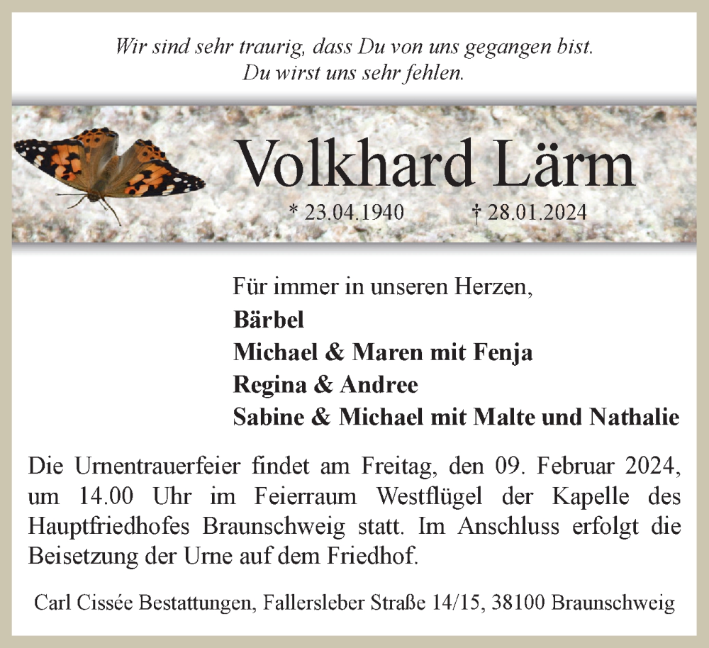  Traueranzeige für Volkhard Lärm vom 03.02.2024 aus Braunschweiger Zeitung