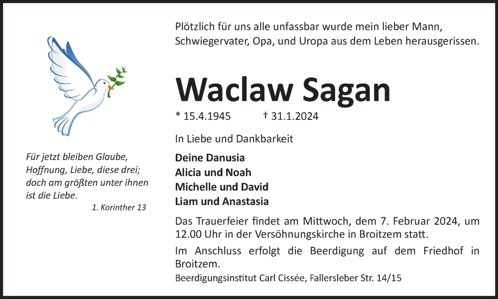  Traueranzeige für Waclaw Sagan vom 03.02.2024 aus Braunschweiger Zeitung