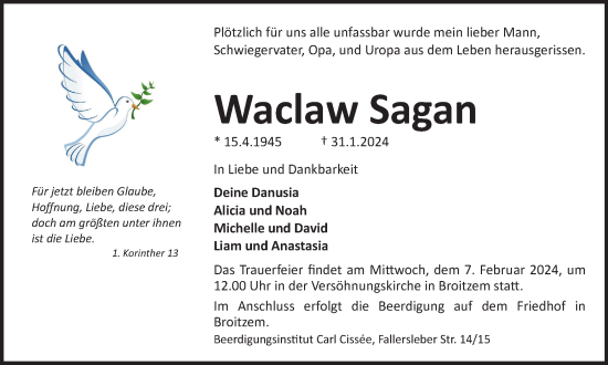 Traueranzeige von Waclaw Sagan von Braunschweiger Zeitung