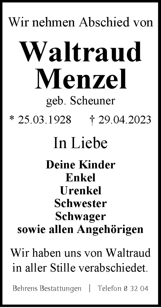 Traueranzeige von Waltraud Menzel von Braunschweiger Zeitung