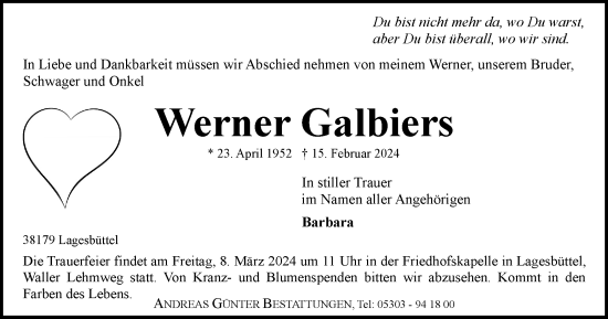 Traueranzeige von Werner Galbiers von Braunschweiger Zeitung