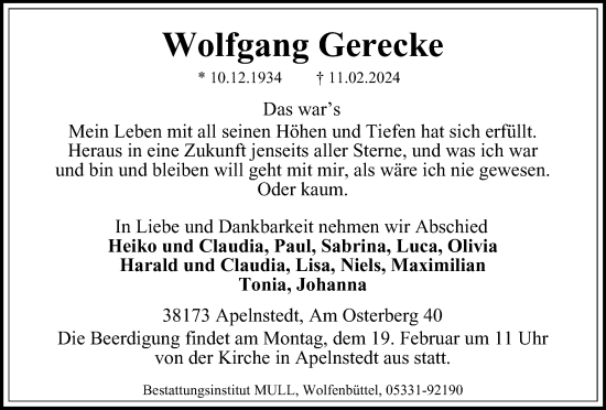 Traueranzeige von Wolfgang Gerecke von Wolfenbütteler Zeitung