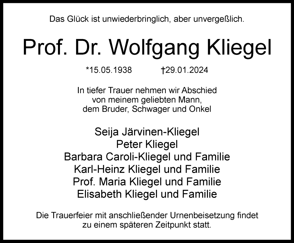  Traueranzeige für Wolfgang Kliegel vom 03.02.2024 aus Braunschweiger Zeitung