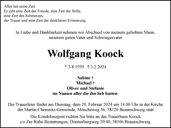 Traueranzeige von Wolfgang Koock von Braunschweiger Zeitung