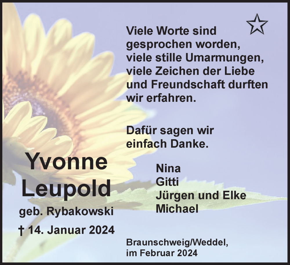  Traueranzeige für Yvonne Leupold vom 10.02.2024 aus Braunschweiger Zeitung