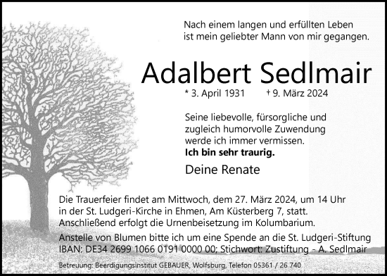 Traueranzeige von Adalbert Sedlmair von Wolfsburger Nachrichten