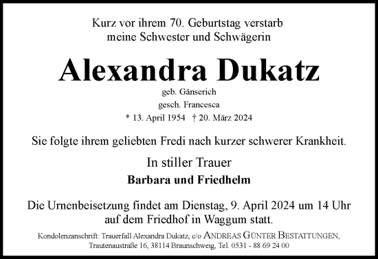 Traueranzeige von Alexandra Dukatz von Braunschweiger Zeitung