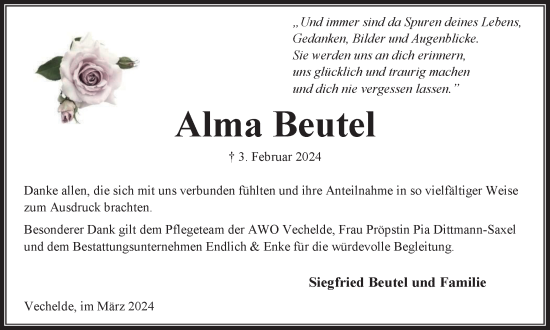 Traueranzeige von Alma Beutel von Peiner Nachrichten