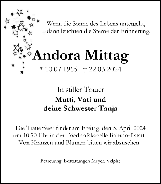 Traueranzeige von Andora Mittag von Helmstedter Nachrichten