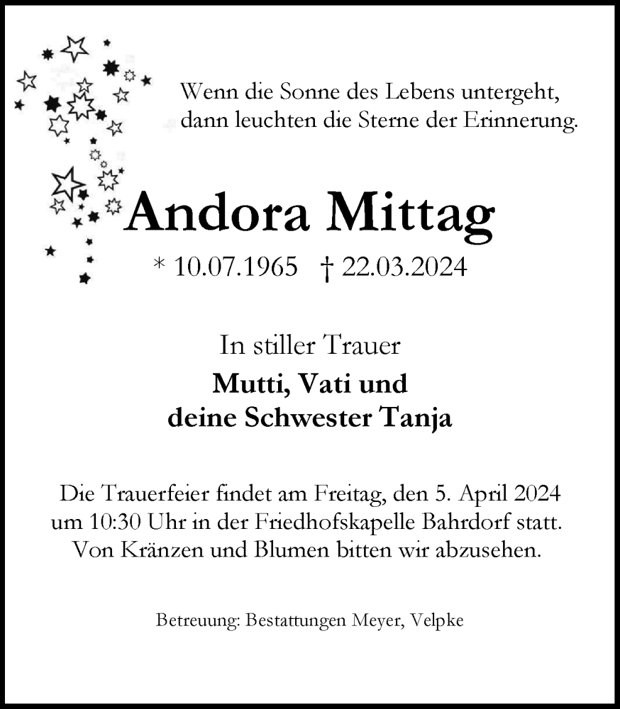  Traueranzeige für Andora Mittag vom 30.03.2024 aus Helmstedter Nachrichten