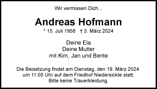 Traueranzeige von Andreas Hofmann von Braunschweiger Zeitung