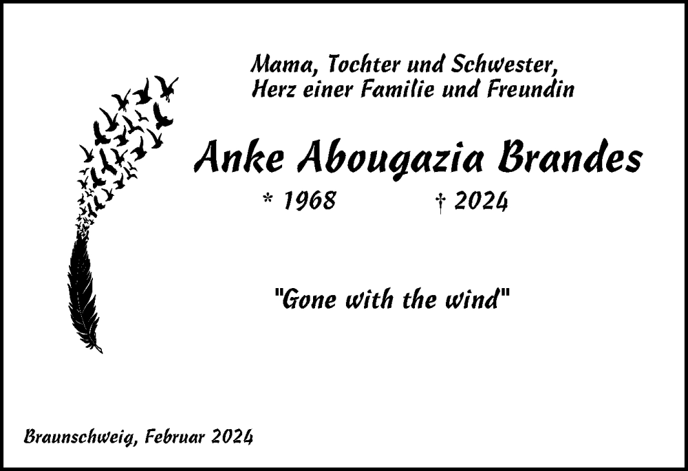  Traueranzeige für Anke Abougazia Brandes vom 02.03.2024 aus Braunschweiger Zeitung