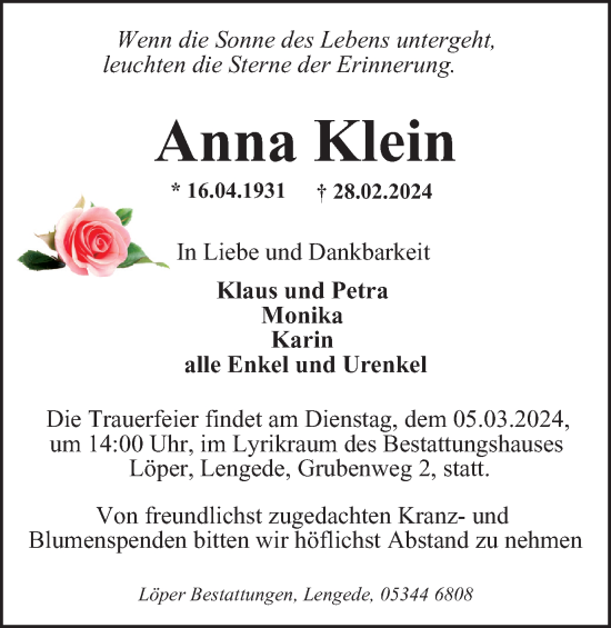 Traueranzeige von Anna Klein von Peiner Nachrichten