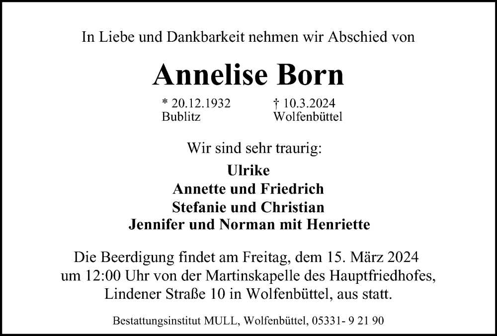 Traueranzeige für Annelise Born vom 13.03.2024 aus Wolfenbütteler Zeitung
