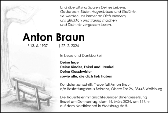 Traueranzeige von Anton Braun von Wolfsburger Nachrichten