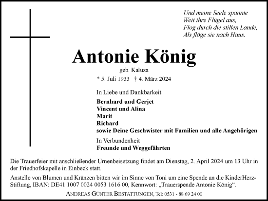 Traueranzeige von Antonie König von Braunschweiger Zeitung