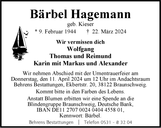 Traueranzeige von Bärbel Hagemann von Braunschweiger Zeitung