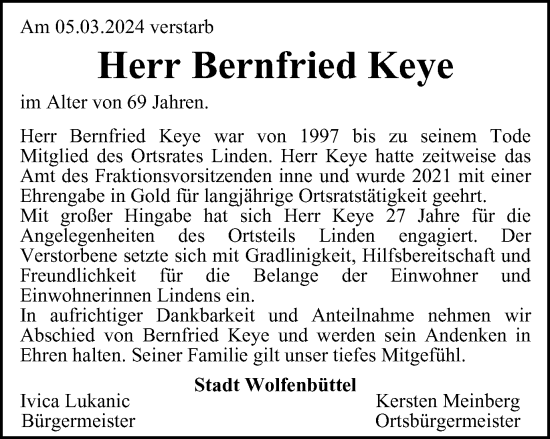 Traueranzeige von Bernfried Keye von Wolfenbütteler Zeitung