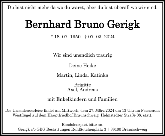 Traueranzeige von Bernhard Bruno Gerigk von Braunschweiger Zeitung