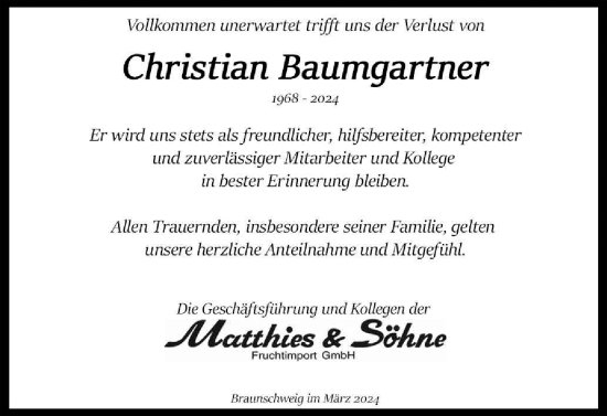 Traueranzeige von Christian Baumgartner von Braunschweiger Zeitung